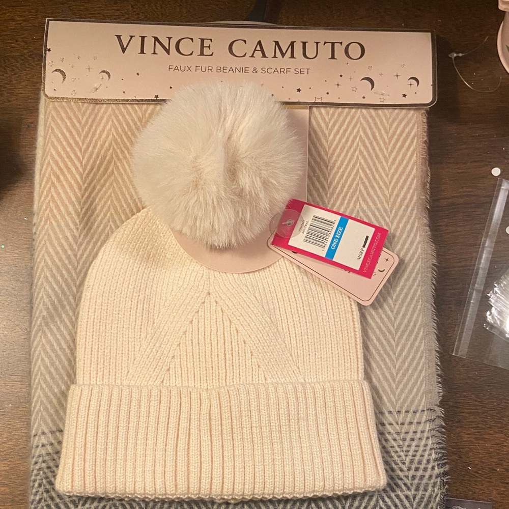 Vince Camuto Cream Faux Fur Pom Beanie & Matching Scarf Set